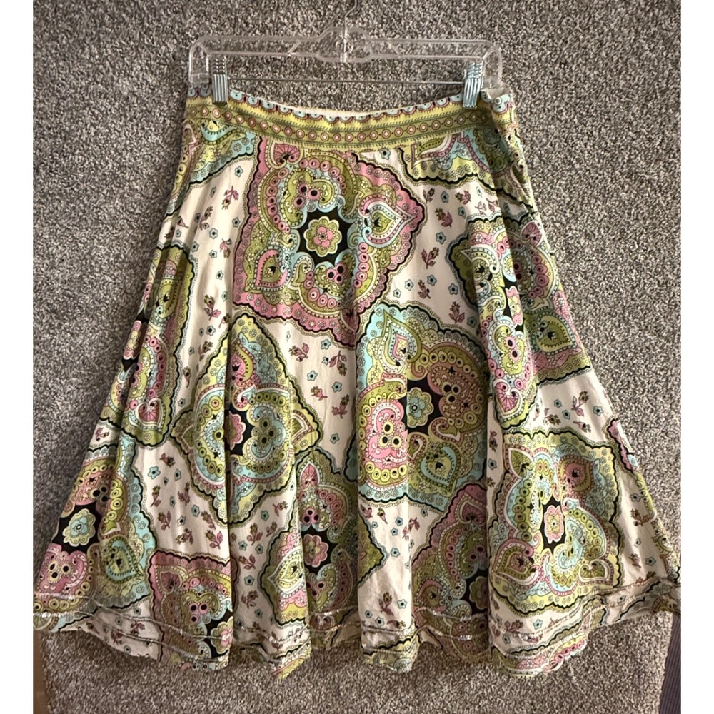 VTG Laundry by Shelli Segal Paisley A-Line Skirt 8 White Sequin Trim Boho Spring